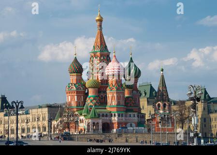 View of the ancient St. Basil's Cathedral (Protection of the Mother of God) on a sunny April day. Red Square, Moscow. Russia Stock Photo