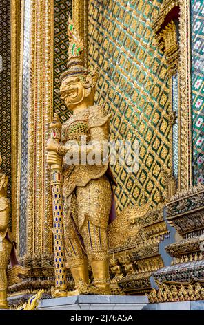 Entrance with golden guardian figures, yaks, library, Phra Mondop, Royal Palace, Grand Palace, Wat Phra Kaeo, Temple of the Emerald Buddha, Bangkok, Thailand, Asia