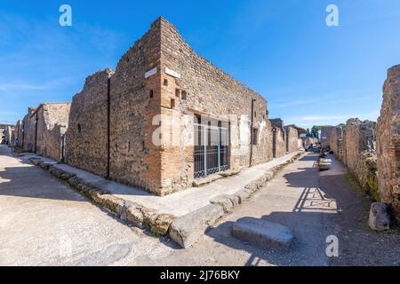 Pompeii, Italy; April 24, 2022 - A 2,000-year-old cobbled street in the city of Pompeii, Italy Stock Photo