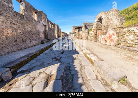 Pompeii, Italy; April 24, 2022 - A 2,000-year-old cobbled street in the city of Pompeii, Italy Stock Photo