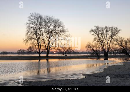 Sunrise over meadows of the Elbe foreland flooded by the high water in the Elbe floodplain of Lower Saxony Stock Photo