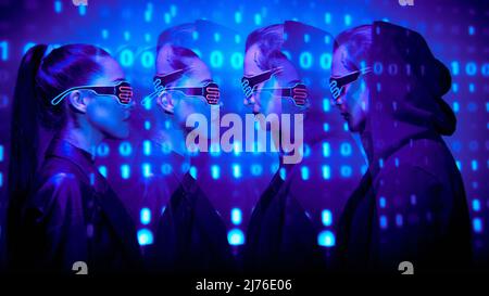 Side view of serious affectionate young couple in neon goggles standing against cyber security background with binary code Stock Photo
