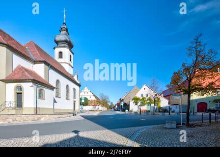 Catholic Bartholomew Church, house front, facade, village view, autumn, Rödelsee, Franconia, Bavaria, Germany, Europe Stock Photo
