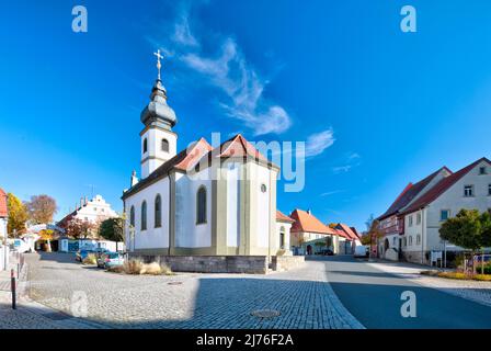 Catholic Bartholomew Church, house front, facade, village view, Rödelsee, Franconia, Bavaria, Germany, Europe Stock Photo