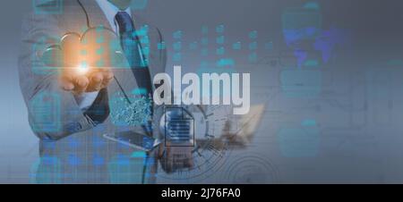 Document Management System or DMS setup by IT consultant with modern computer are searching managing information and corporate files,Businessman Cloud Stock Photo