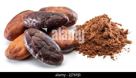 Cocoa beans and cocoa powder close-up on white background. Stock Photo