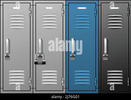 Locker room metal cabinets, row of school or gym lockers, blue and grey luggage storage, vector Stock Vector