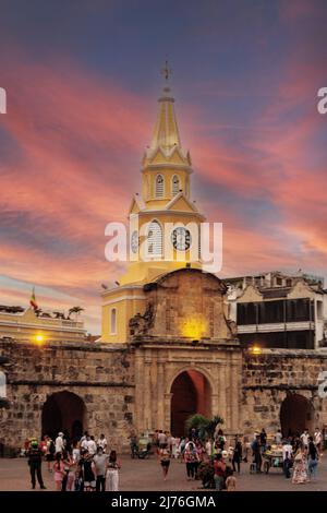 Monumento Torre del Reloj at dusk, Plaza de Los Coches, Old Cartagena, Cartagena, Bolivar,  Republic of Colombia Stock Photo