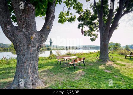 On the bank of the river Main, landscape, nature, resting place, Main, village view, autumn, Wipfeld, Franconia, Bavaria, Germany, Europe Stock Photo