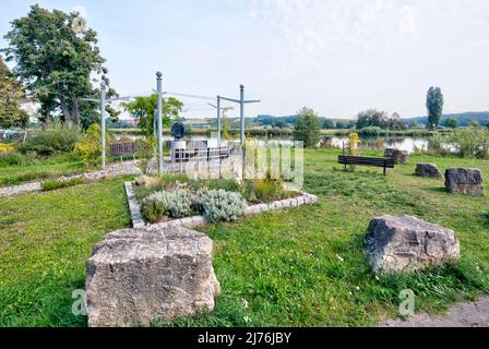 On the bank of the river Main, landscape, nature, resting place, Main, village view, autumn, Wipfeld, Franconia, Bavaria, Germany, Europe Stock Photo