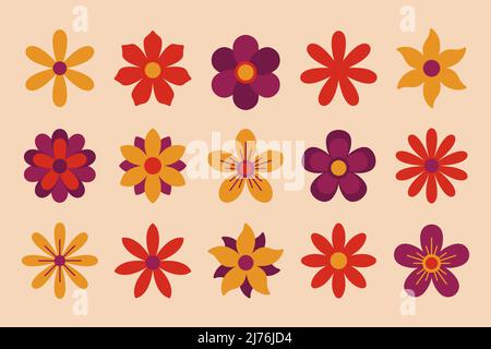 Retro 70s colorful vintage flowers. Geometric hippie floral collection. Stock Vector
