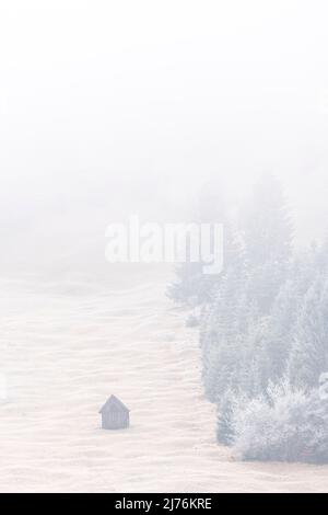A small haystack at Geroldsee, also called Wagenbrüchsee, in the Bavarian Alps in dense fog and hoarfrost in autumn on the mountainside. Stock Photo