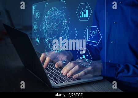 Big data and analytics visualization technology with scientist analyzing information structure on screen with machine learning to extract predictions Stock Photo