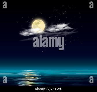 Full Moon Stars And Clouds Magical Night Reflecting On Blue Water Stock Vector