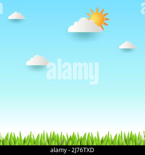 Fresh Blue Sky With Sun And Green Grass In Paper cut Style Stock Vector