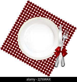 Restaurant Dishware With Fork And Knife Bow Tied On Red Gingham Cloth Stock Vector