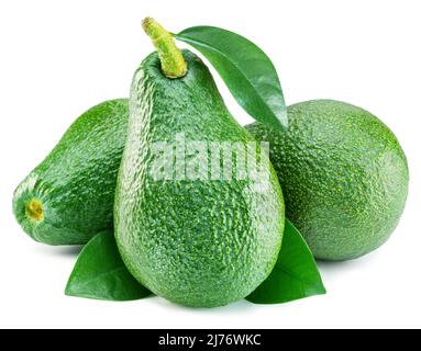 Group of  green avocados with leaf isolated on white background. Stock Photo