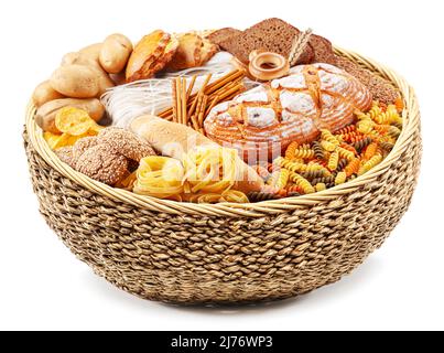 Food basket. Vast of different vegetables in the wicker basket on white background. Stock Photo