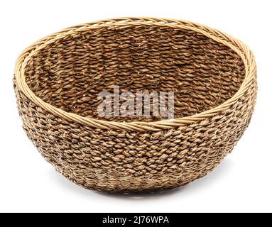 Empty wicker basket isolated on white background. File contains clipping path. Stock Photo