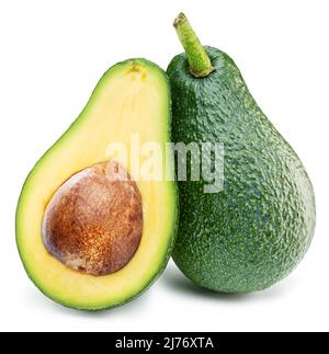 Ripe avocado and half of avocado with seed isolated on white background. Stock Photo