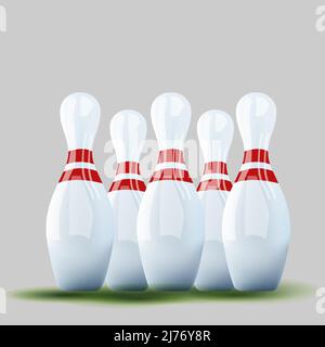 Group Of 3D Realistic Bowling Pins Skittles With Red Stripes Stock Vector