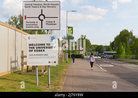 Entrance sign and directions on Boundary Road at the University of Essex in Colchester. Stock Photo