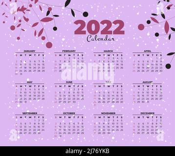 Pink Black Snowy Leafy Calendar Template For Year 2022 Stock Vector