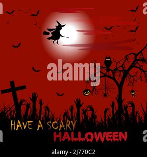 Have A Scary Halloween With Flying Witch Over A Cemetery Stock Vector