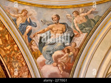 MONOPOLI, ITALY - MARCH 5, 2022: The fresco of St. Matthew the Evangelist in cupola of Cathedral - Basilica di Maria Santissima della Madia Stock Photo