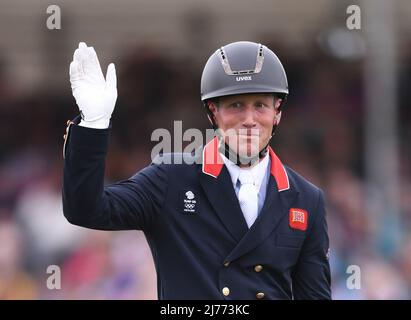 6th May 2022, Badminton Estate, Gloucester, England; Mars Equestrian Badminton Horse Trials, day 3; Oliver Townend riding BALLAGHMOR CLASS during the dressage test on day three of the 2022 Badminton Horse Trials Stock Photo