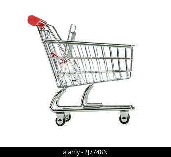 Mini chrome shopping cart store trolly basket isolated on a white background, photographed side-on. Stock Photo