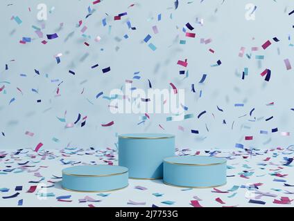 Light, pastel, baby blue 3D rendering product display three podiums stands with colorful confetti celebration anniversary advertising and golden lines Stock Photo