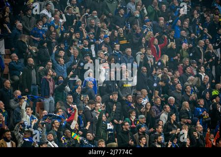 Milan, Italy - may 6 2022 - Inter-Empoli Serie A - F.C. internazionale supporters close up after one goal Stock Photo