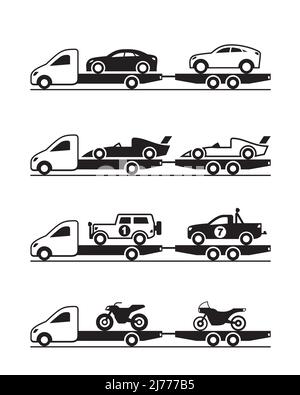 Pickup with trailer brings various vehicles - vector illustration Stock Vector