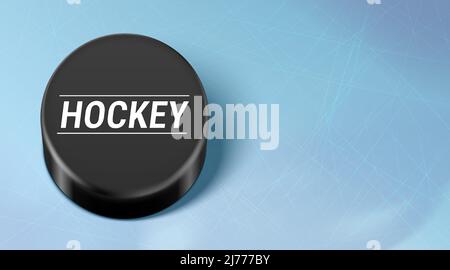 Ice hockey realistic vector background, with rubber puck on a scratched blue rink. Hockey advertising banner with copy space. Stock Vector
