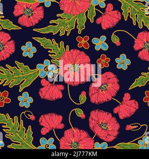 Ukrainian floral poppy flower embroidery seamless pattern. Vector ethnic illustration Stock Vector