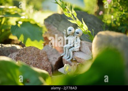 Two aliens sitting on a stone by small artificial pond on sunny summer day in the garden. Beautifully designed garden pond surrounded with various pla Stock Photo