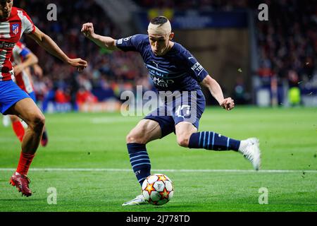 MADRID - APR 13: Phil Foden in action during the Champions League match between Club Atletico de Madrid and Manchester City at the Metropolitano Stadi
