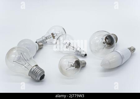 Different technology lamp light bulbs on white isolated background Stock Photo
