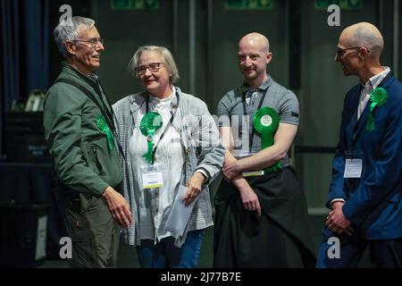 Astrid Johnson celebrating after winning the Woodhouse Park ward. General View of Election Counts in Manchester. Manchester is one of the last areas to declare their election counts for the Local Elections 2022. Stock Photo