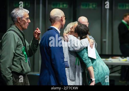 May 6, 2022, Manchester, United Kingdom: Astrid Johnson celebrating after winning the Woodhouse Park ward. General View of Election Counts in Manchester. Manchester is one of the last areas to declare their election counts for the Local Elections 2022. (Credit Image: © Jake Lindley/SOPA Images via ZUMA Press Wire) Stock Photo