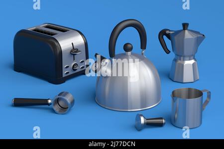 Kettle, toaster, coffee machine horn and geyser coffee maker on blue background. 3d render kitchen appliances making breakfast with latte coffee Stock Photo