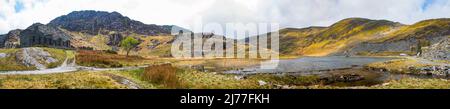 Isolated and beautiful Llyn Cwmorthin, in a disused slate quarry, Blaenau Ffestiniog, Gwynedd, North Wales Stock Photo