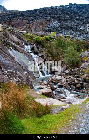 Beautiful Cwmorthin Waterfall, in a disused slate quarry, Blaenau Ffestiniog, Gwynedd, North Wales Stock Photo