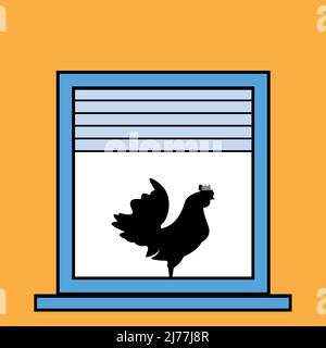 Rooster in the window. Concept of alarm to wake up in the morning Stock Vector