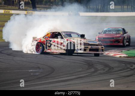 Benalla, Victoria, Australia. 7th May 2022. Aaron Dewar running the lead line while being chased by Sam Mudge at Winton Motor Raceway for Hi-Tec Drift All Stars Round 3. Credit: James Forrester/Alamy Live News Stock Photo