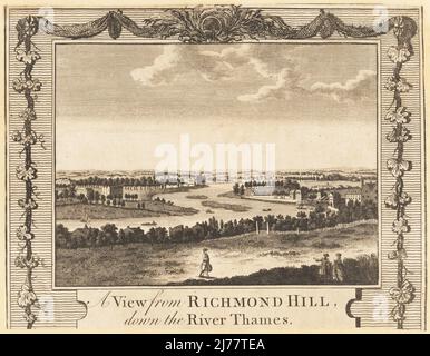 A view from Richmond Hill down the River Thames. Showing Richmond, Brentford, Isleworth, Syon House and Park, but lacking Richmond Bridge built in 1777. Copperplate engraving by William Thornton after a 1749 painting by Antonio Joli, London, 1784. Stock Photo