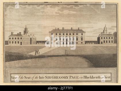 Wricklemarsh House, Kent, 1784. View of the seat of the late Sir Gregory Page on Blackheath in Kent. 18th century great house with curved double staircase, pond in landscaped park in foreground. Built in the 1720s for 100,000 pounds, never used,  inherited by Sir Gregory Page-Turner in 1783 who demolished it by 1803. Copperplate engraving from George Walpoole's New and Complete British Traveller, London, 1784. Stock Photo
