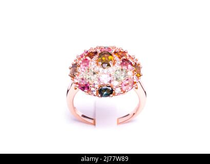 Tourmaline and Diamond Jewel or gems ring on white background. Collection of natural gemstones accessories. Studio shot Stock Photo