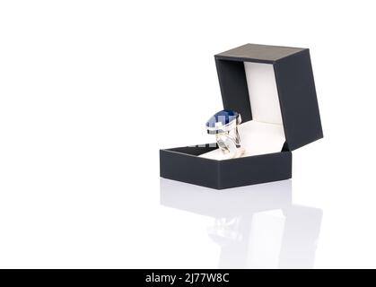 Blue Sapphire Jewel or gems ring in dark blue jewel box. Collection of natural gemstones accessories. Studio shot Stock Photo